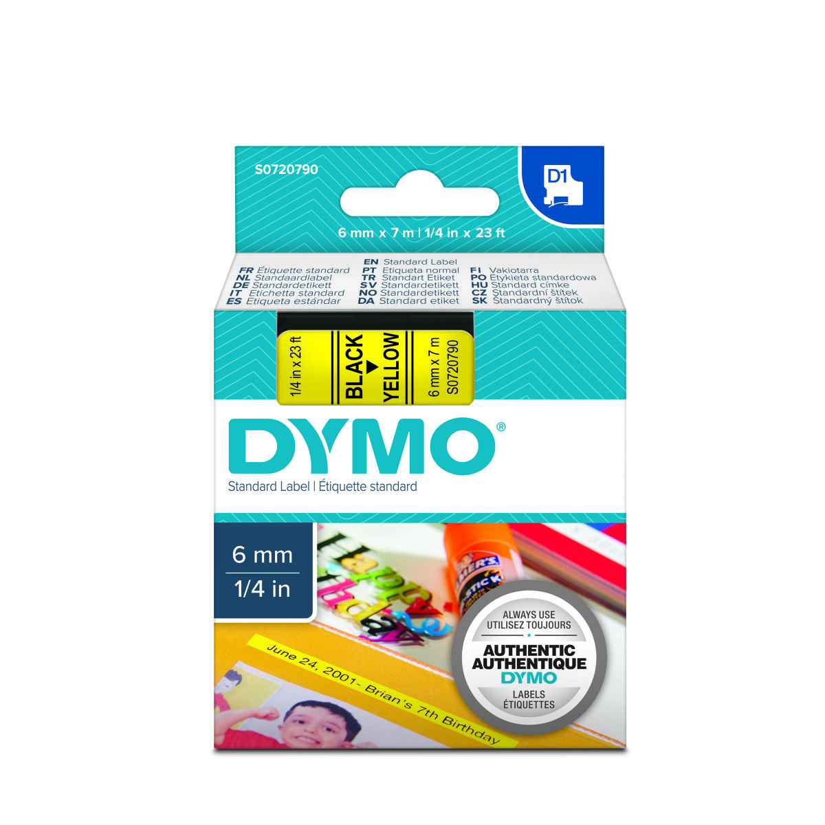 Картридж D1 DYMO 6 мм х 7 м жовтий пластик/чорний шрифт 43618/S0720790