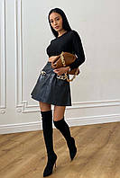 Короткая черная молодежная женская юбка трапеция из экокожи на флисе 42 44 46 48 размеры
