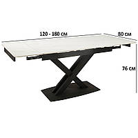 Раздвижной прямоугольный стол керамика Vetro Mebel TML-817-1 120-180х80см белый мрамор на черном подстолье
