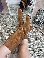 Красивые женские замшевые сапоги натуральные светло-коричневые, на каблуке. Сапоги для женщин деми , зимние