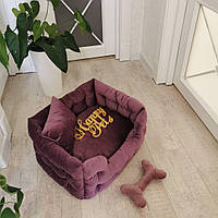 Лежак з бортами для собак і кішок 50х40 см Фіолетовий Велюр, подушка, іграшка-кість