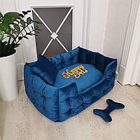 Лежак з бортами для собак і кішок 50х40 см Синій Велюр, подушка, іграшка-кість