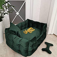 Лежак з бортами для собак і кішок 50х40 см Зелений Велюр, подушка, іграшка-кість
