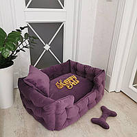 Лежак з бортами для собак і кішок 60х50 см Фіолетовий Велюр, подушка, іграшка-кість