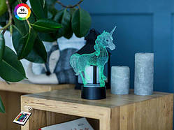 3D нічник "Єдиноріг 2" (ВОЛІЧНЕ ЗОБРАЖЕННЯ) + пульт ДК + мережевий адаптер + батарейки (3ААА)  3DTOYSLAMP