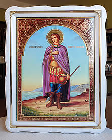 Ікона Святий Дмитро Солунський у білому дерев'яному фігурний кіоті з декоративними. куточками кіот 37*47, сюжет 30×40.