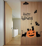 Наклейки на Хэллоуин на стену Черные коты на тыкве (украшения на хэллоуин, декор стен окон) матовая