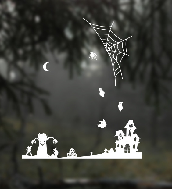 Наклейки на Хэллоуин Однажды ночью (украшения на хэллоуин, декор стен окон) матовая дом дерево зомби паутина - фото 2 - id-p1477860103