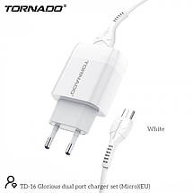 Мережевий зарядний пристрій Tornado TD-16 (2USB / 2.4 A / 1м) + USB кабель Micro - білий, фото 2