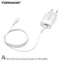 Мережевий зарядний пристрій Tornado TD-16 (2USB / 2.4 A / 1м) + USB кабель Micro - білий, фото 3
