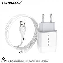 Мережевий зарядний пристрій Tornado TD-16 (2USB / 2.4 A / 1м) + USB кабель Micro - білий, фото 4