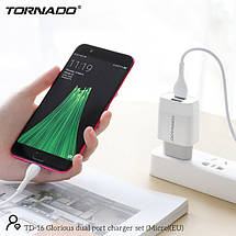 Мережевий зарядний пристрій Tornado TD-16 (2USB / 2.4 A / 1м) + USB кабель Micro - білий, фото 5