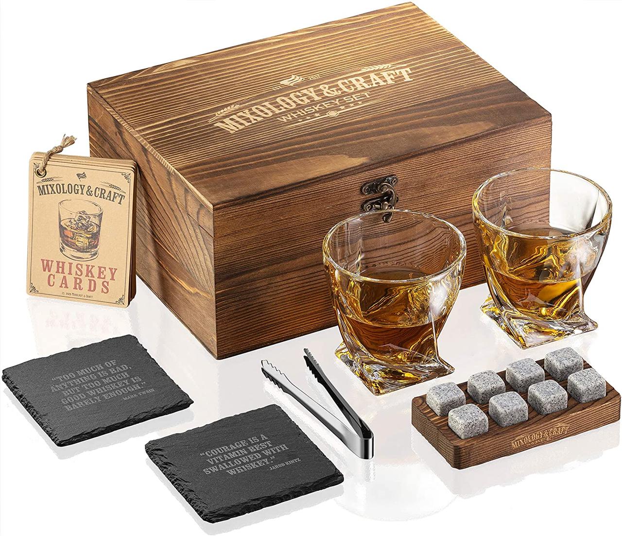 Набір для віскі в дерев'яній коробці з підставками з каменю Whiskey Glass and Stones Set with Wooden Box.