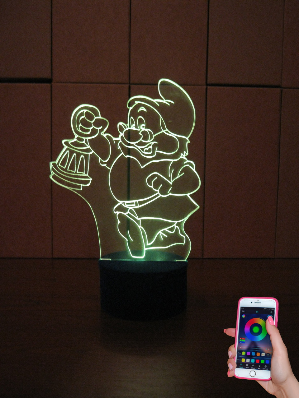 3d-світильник Гномик з ліхтарем, 3д-нічник, кілька підсвічувань (на bluetooth), подарунок дитині, фото 1