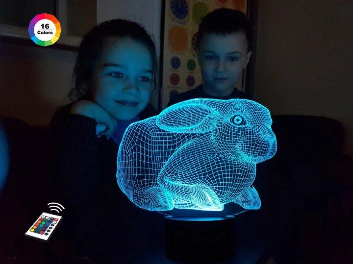 3D нічник "Кролик 2" (ВОЛІЧНЕ ЗОБРАЖЕННЯ)+ пульт ДК + мережевий адаптер + батарейки (3ААА) 3DTOYSLAMP, фото 1