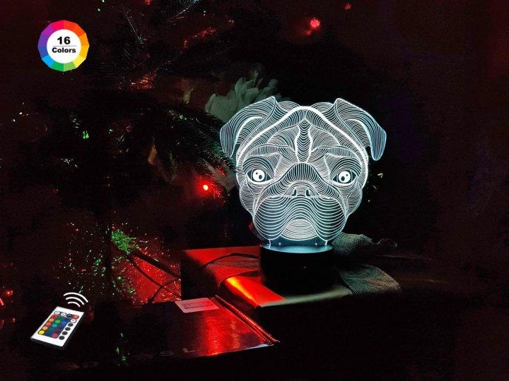 3D нічник "Мопс" (ВОЛІЧНЕ ЗОБРАЖЕННЯ) + пульт ДК + мережевий адаптер + батарейки (3ААА) 3DTOYSLAMP, фото 1