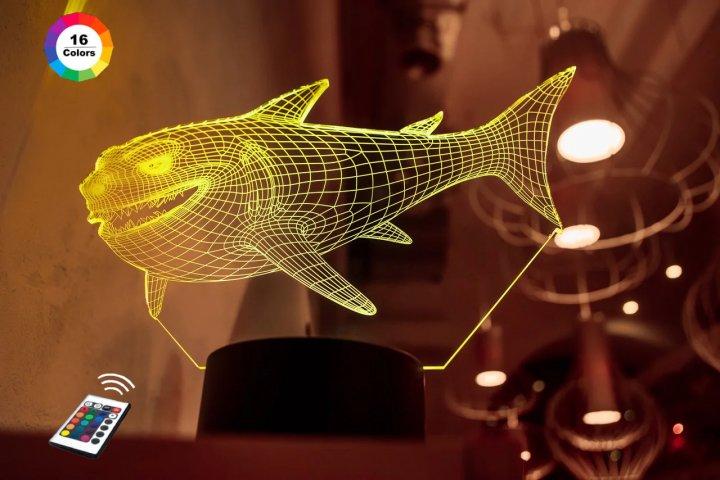 3D нічник "Акула" (ВОЛІЧНЕ ЗОБРАЖЕННЯ)+ пульт ДК + мережевий адаптер + батарейки (3ААА) 3DTOYSLAMP, фото 1