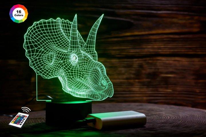 3D нічник "Трицераптор" (ВОЛІЧНЕ ЗОБРАЖЕННЯ) + пульт ДК + мережевий адаптер + батарейки (3 ААА) 3DTOYSLAMP, фото 1