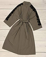 Серый халат женский с кружевом из ткани софт.
