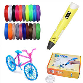 3D Ручка з пластиком 20 кольорів Набір 3Д ручка 2-го покоління Pen 2 з дисплеєм LCD Жовта Для дітей