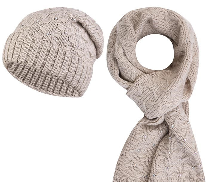 Теплый женский вязанный комплект со стразами шапка и шарф Valeri Kamea. бежевый - фото 1 - id-p226178784