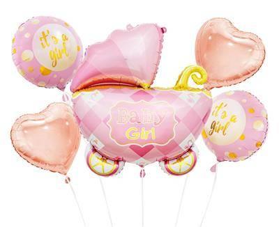 Baby Girl Pink Stroller, 5 pcs. Набір куль фольгованих в пологовому будинку дівчинка рожеві - В УП, фото 1