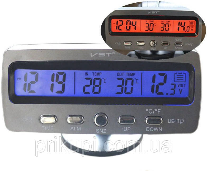 Годинник-термометр-вольтметр VST - 7045V (сін/зелен) 12В-24В, фото 1