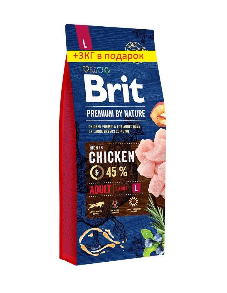 АКЦІЯ! Сухий корм Brit Premium Adult L для собак великих порід з куркою 15+3КГ у подарунок!