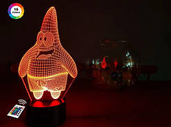 3D нічник "Патрик" (ВОЛІЧНЕ ЗОБРАЖЕННЯ) + пульт ДК + мережевий адаптер + батарейки (3ААА) 3DTOYSLAMP