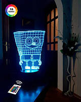 3D нічник "Спанч Боб" (ВОЛІЧНЕ ЗОБРАЖЕННЯ) + пульт ДК + мережевий адаптер +батарейки (3ААА) 3DTOYSLAMP