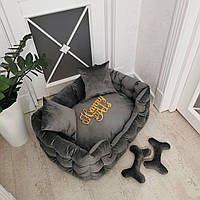 Лежак з бортами для собак і кішок 90х60 см Сірий Велюр, подушка, іграшка-кість
