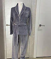 Женская пижама велюр плюш жакет с поясом и штанами Костюм для дома и отдыха Серый L