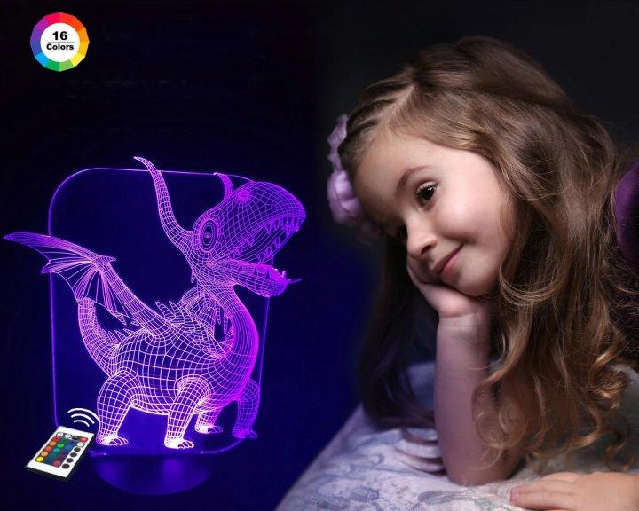 3D нічник "Дракоша" (ВОЛІЧНЕ ЗОБРАЖЕННЯ) + пульт ДК + мережевий адаптер + батарейки (3ААА) 3DTOYSLAMP, фото 1