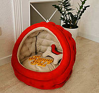 Домик лежак для собак и кошек 50 см Красный Велюр, игрушка-косточка