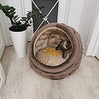 Домик лежак для собак и кошек 50 см Коричневый Велюр, игрушка-косточка