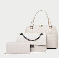Жіноча сумка набір 3в1 з фактурним плетінням молочного кольору