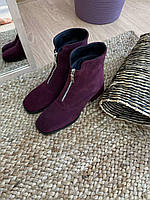 Ботинки женские на удобном каблуке замшевые, бордовые, марсала. Натуральные ботильоны деми, зимние