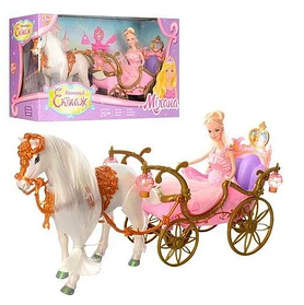 Іграшкова карета 209А, лялька 28 см, кінь, світло, звук, на батарейках в коробці