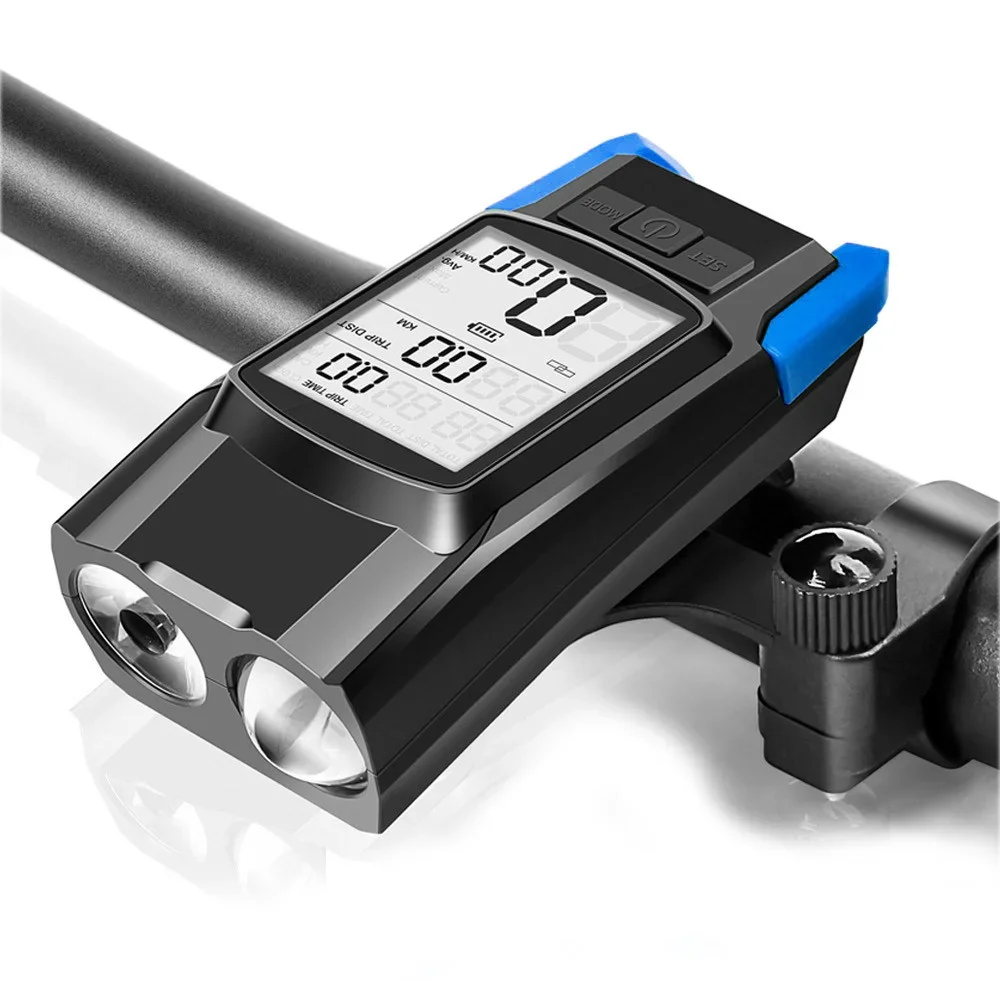 Велосипедний комп'ютер BK-1920 з вело ліхтарем 2 LED Т6 дальній-ближній і дзвінком, синій, фото 1