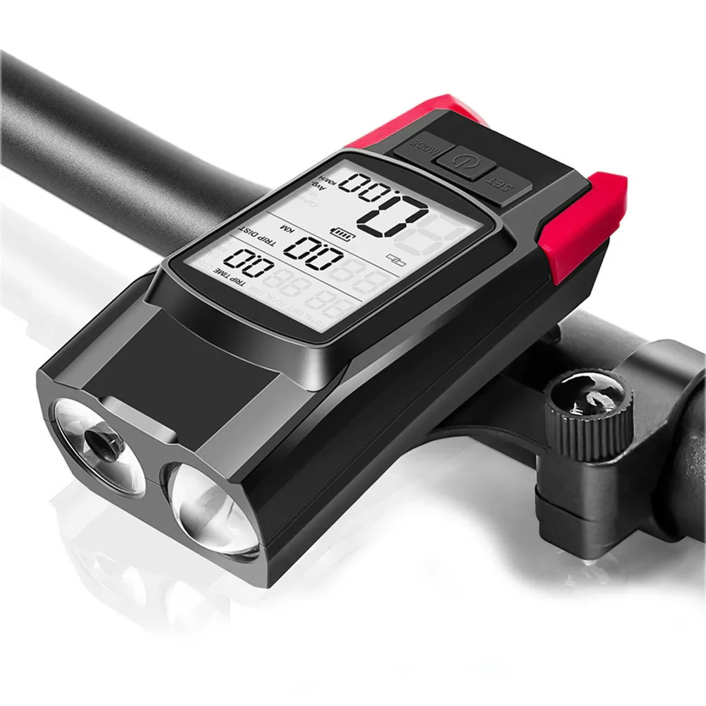 Велосипедний комп'ютер BK-1920 з вело ліхтарем 2 LED Т6 дальній-ближній і дзвінком, червоний, фото 1