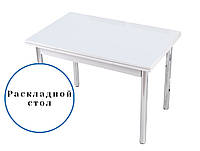 Раскладной белый стол прямоугольный обеденный кухонный из ДСП со стеклом 70*110/170см. (Лотос-М / Mobilgen)