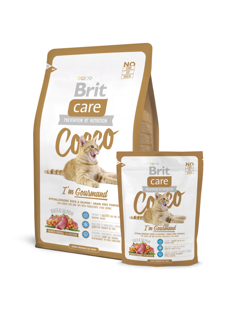 Brit Care Cat CoccoGourmand сухий корм для вибагливих кішок 2 кг контейнер в подарунок АКЦІЯ