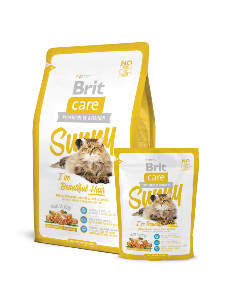 Brit Care Cat Sunny Beaut Hair сухий корм догляд за шерстю та шкірою для дорослих кішок 7 кг 2 кг в подарунок