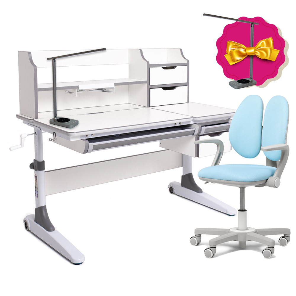 Дитячий комплект для школяра парта FunDesk Luce II Grey + ергономічне обертове крісло Fundesk Mente Blue