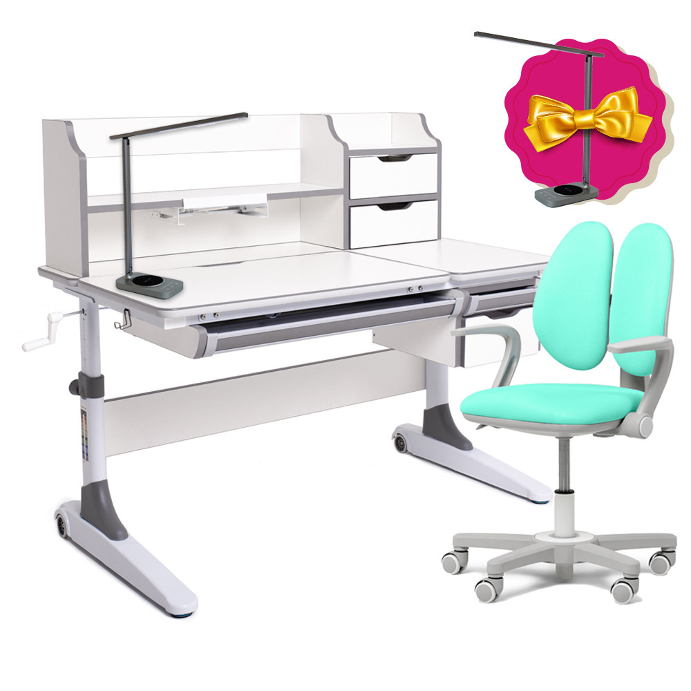 Дитячий комплект для школяра парта FunDesk Luce II Grey + ергономічне обертове крісло Fundesk Mente Mint