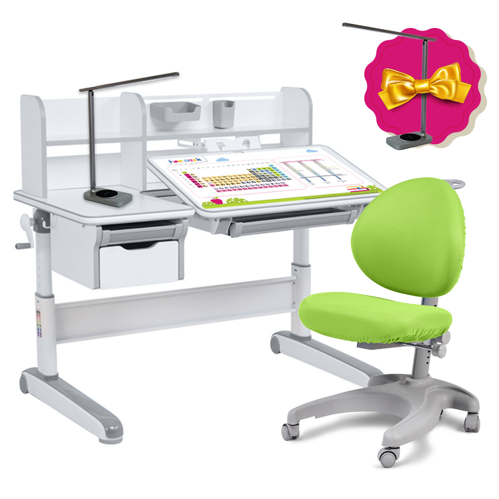Дитячий комплект стіл-трансформер FunDesk Libro Grey + ергономічне крісло FunDesk Cielo Green