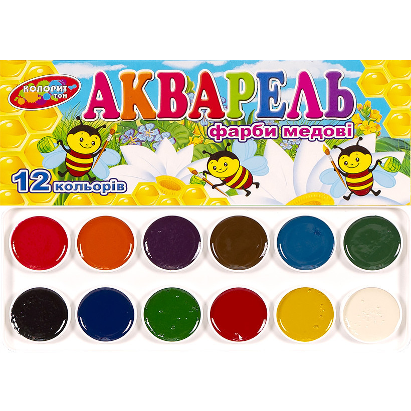 Акварель Колорит-тон 12 кольорів без пензлика картон арт. 80721, фото 1