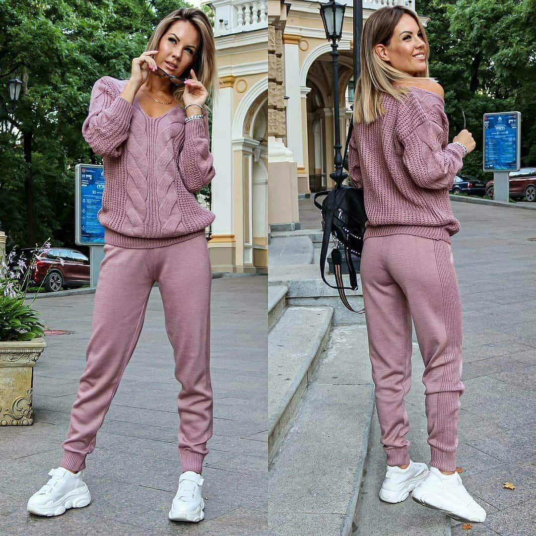 Жіночі теплі в'язані штани та кофта з декольте коса, фото 1
