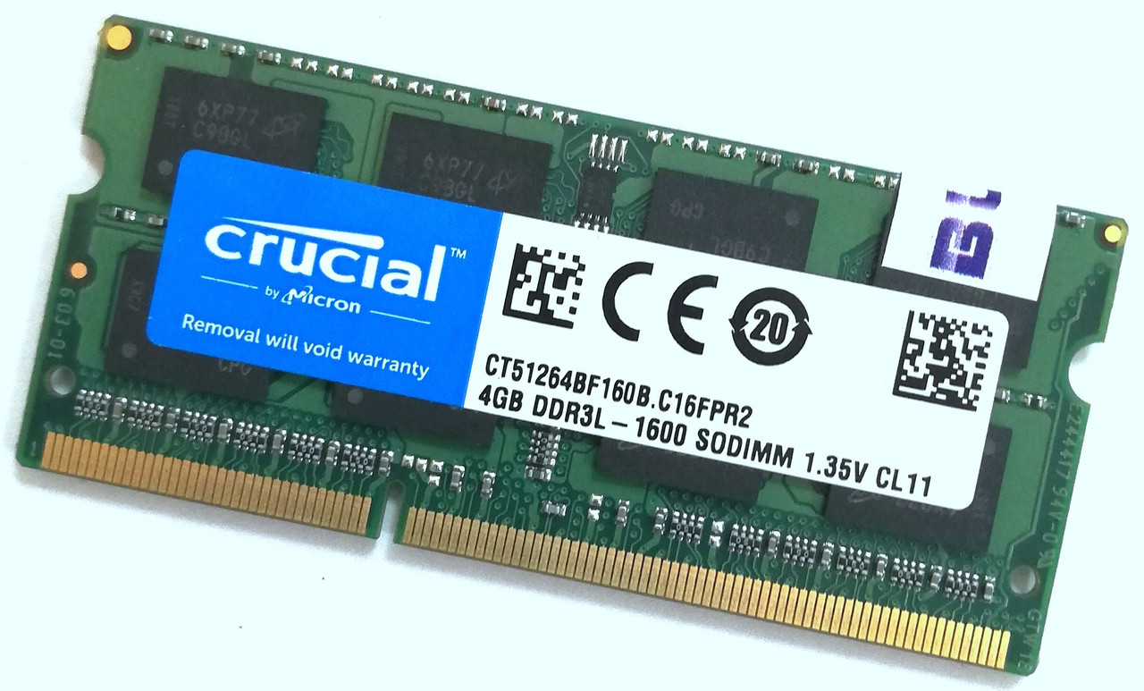 Оперативна пам'ять для ноутбука Crucial SODIMM DDR3L 4Gb 1600MHz PC3L-12800S 2Rx8 CL11 (CT51264BF160B.C16FPR2) Б/У