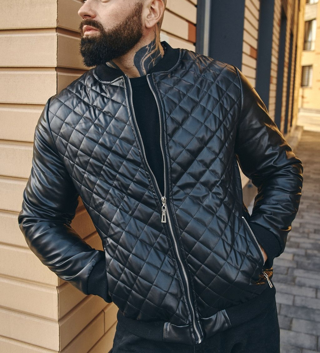 Бомбер чоловічий шкіряний в ромбик чорний | Куртка чоловіча шкіряна. Фото в живу. Чоловіча куртка осінь-весна, фото 1